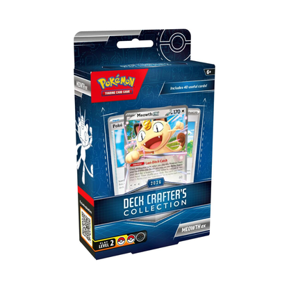 Pokémon TCG Meowth ex Deck Crafter's Collection box featuring Meowth ex card artwork and blue blueprint-style design