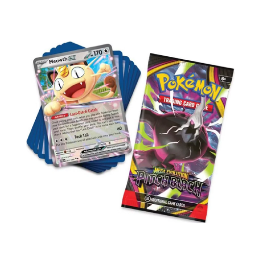 Pokémon TCG Meowth ex card stack next to a Mega Evolution Pitch Black booster pack