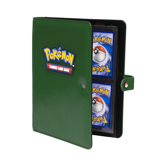 Green 4-pocket trading card binder featuring the official Pokémon Trading Card Game logo on the cover and a snap closure strap